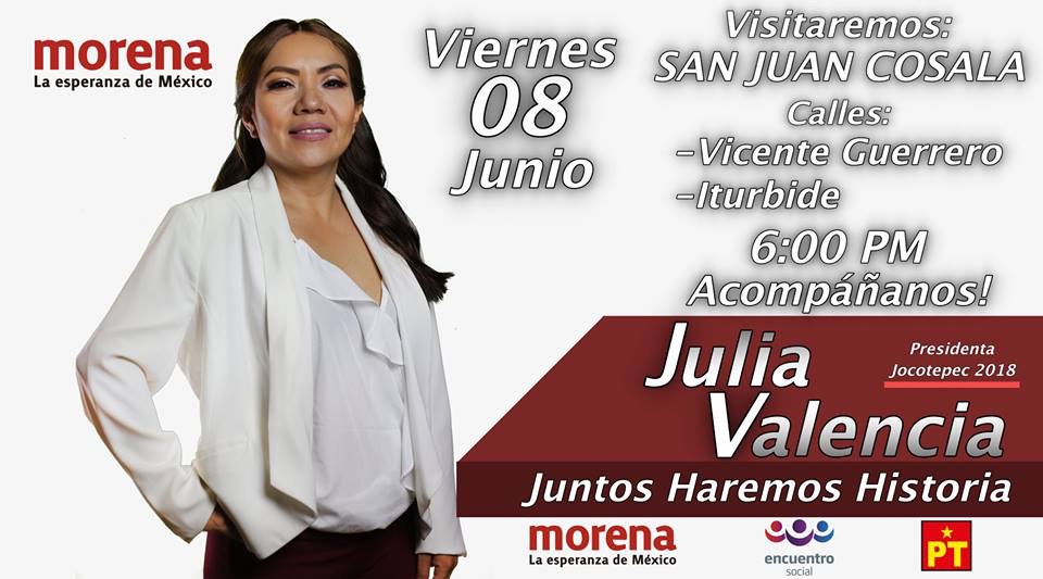 Julia Valencia visitará San  Juan Cosalá,hoy 8 de Junio